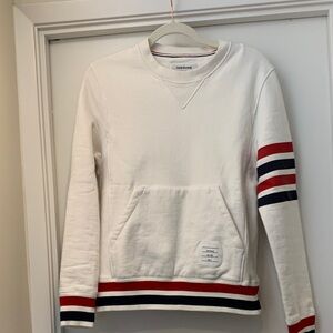 Thom Browne White Crewneck Sweatshirt with Red & Navy Stripe Accents